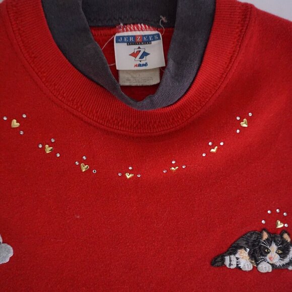 Vintage Jerzees Red Cat Kitten Embroidered Sweatshirt Grandma Chic Kitschcore M - Picture 11 of 11